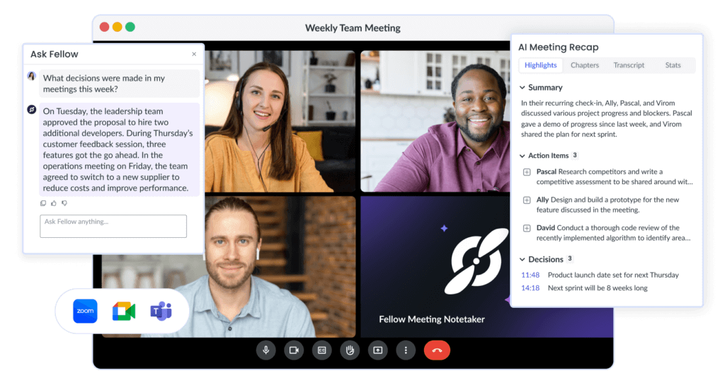 Fellow's AI meeting assistant attends a virtual meeting