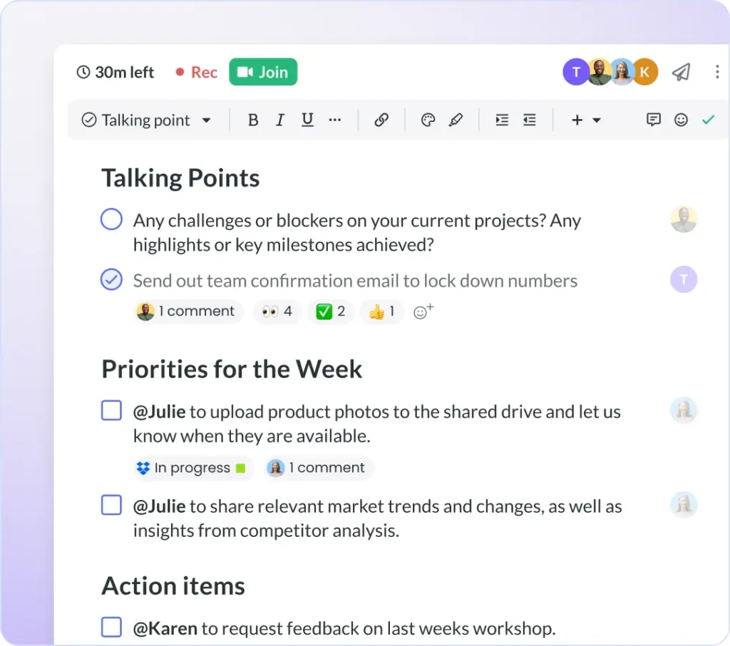 agenda with headings like talking points, priorities, and action items